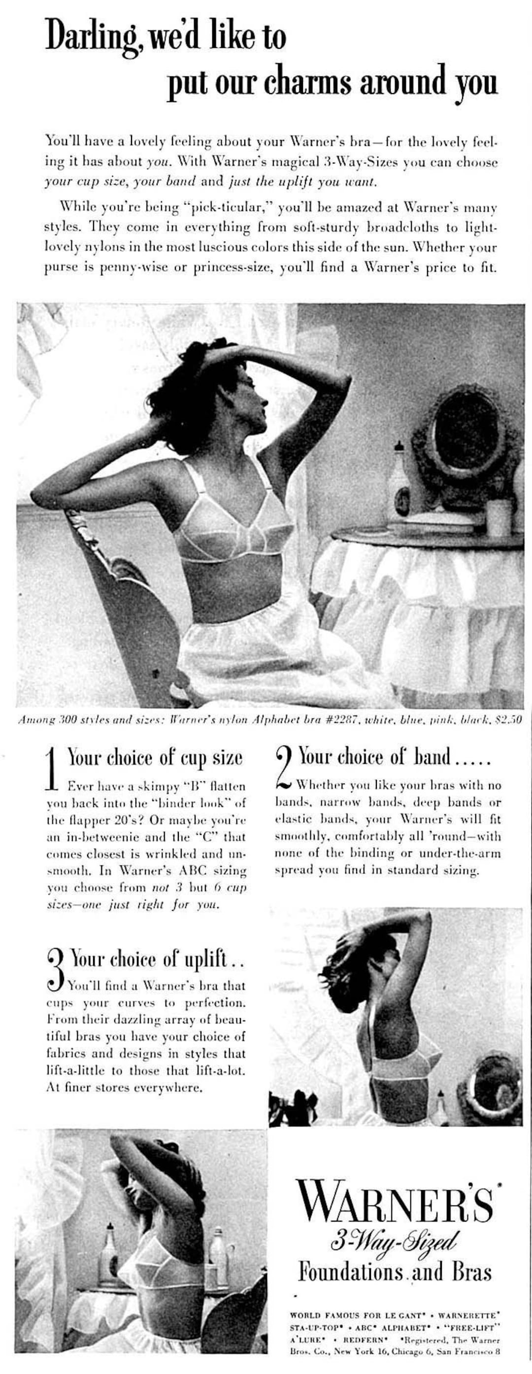 Vintage Lingerie Advertisement for 1949 Warner's 3-way-sized Bra