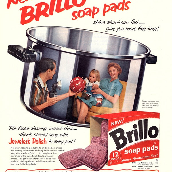 Original Vintage Advertising for 1958 Brillo Soap Pads "Shine Aluminum Fast"