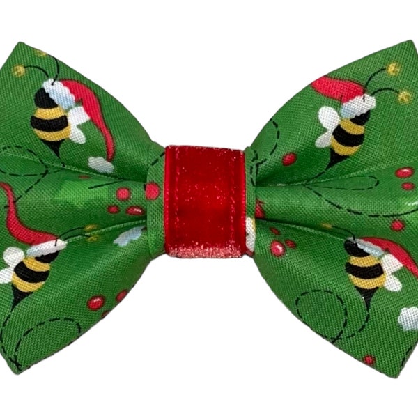 Christmas Pet Bow Tie - Bees with Santa Hats - Christmas Dog Bow Tie - Cat Bow Tie -  Christmas Cat Bow Tie - Slides Over The Collar