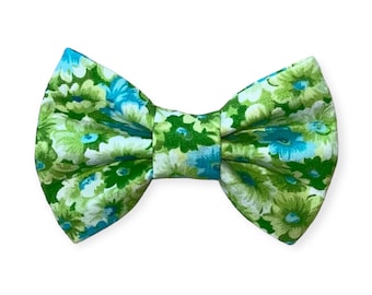 Pet Bow Tie Green and Aqua Floral - Floral Dog Bow Tie - Cat Bow Tie- Puppy Gift - Slides Over The Collar - Spring Dog Bow Tie