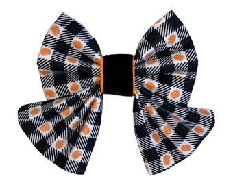 Fall Dog Sailor Bow Tie: Pumpkin Plaid, Buffalo Check, Slides Over Collar