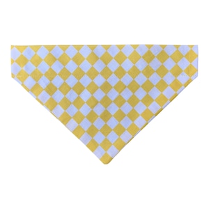 May include: Yellow and white checkered dog bandana. The bandana is triangular in shape and has a white border.