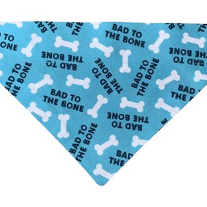 May include: A light blue dog bandana with a white bone pattern and the text "Bad to the Bone" repeated throughout.