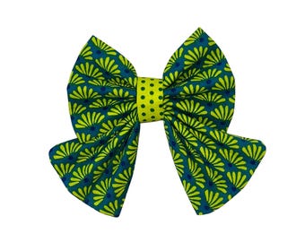 Pet Sailor Bow Tie: Green Medallions on Teal, Slides on Collar