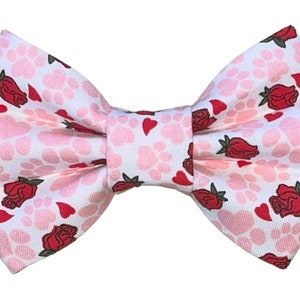 Valentine&#39;s Day Roses and Paw Prints Pet Bow Tie - Dog Bow Tie - Cat Bow Tie- Puppy Gift - Slides Over The Collar -