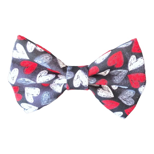 Valentines Day Black with Hearts Pet Bow Tie - Dog Bow Tie - Cat Bow Tie- Puppy Gift - Slides Over The Collar -