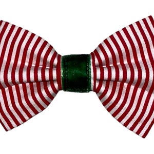 Christmas Pet Bow Tie: Red and White Stripes with Green Velvet, Collar Slide