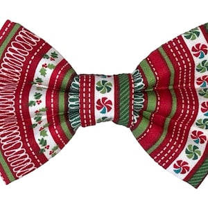 Christmas Pet Bow Tie: Red Green Stripes, Peppermint Holly, Collar Slide