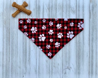 Dog Bandana - Lumberjack Dog Bandana - Fall Plaid - Red and Black - Over the Collar - Option to Personalize - Two-Sided - Puppy Gift