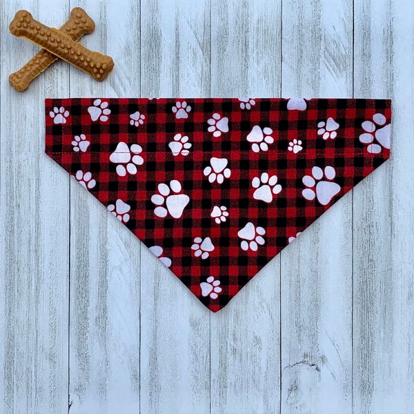 Dog Bandana - Lumberjack Dog Bandana - Fall Plaid - Red and Black - Over the Collar - Option to Personalize - Two-Sided - Puppy Gift