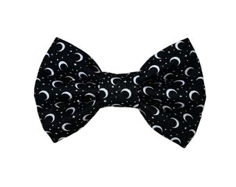 Halloween Pet Bow Tie: White Moons on Black, Slides on Collar