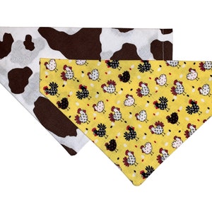 Dog Bandana - Chickens - Brown and White Cow Print - Two-sided - Over the Collar - Dog Neckerchief - Puppy Gift
