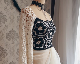 CROCHET PDF:Marjorie Floral-lace Sleeves Crop-TOP