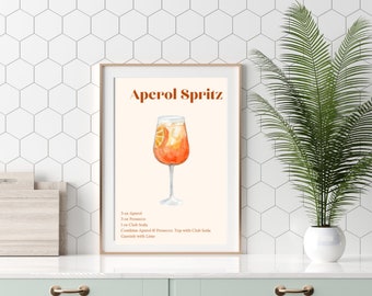 Arte retrô de parede de receita de Aperol Spritz, pôster de coquetel em aquarela, sinal de receita de coquetel, decoração de bar, arte de parede de coquetel Aperol Spritz, arte divertida
