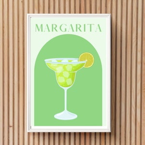 Arte retro de la pared de Margarita, cartel de cóctel de descarga digital, cartel de cóctel retro, decoración divertida del carrito de bar, arte colorido de la pared de Margarita