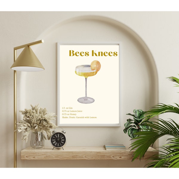 Retro Bees Knees Recipe Wall Art, Watercolor Cocktail Poster, Cocktail Recipe Sign, Bar Decor, Bees Knees Cocktail Wall Art, Fun Bar Art