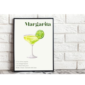Arte de pared de receta de Margarita retro, cartel de cóctel de acuarela, letrero de receta de cóctel, decoración de bar, arte de pared de cóctel Margarita, arte de bar divertido