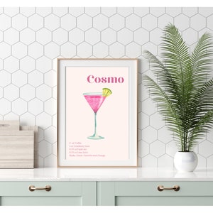 Arte de pared de receta Cosmo retro, cartel de cóctel de acuarela, letrero de receta de cóctel, decoración de bar, arte de pared de cóctel Cosmo, arte de bar divertido, decoración de dormitorio