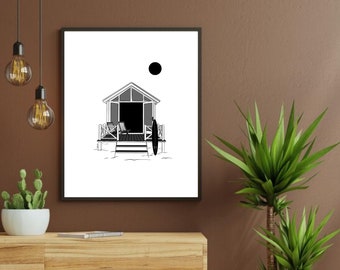 BEACH HOUSE - Poster - Print - Surf - Art - Printing - Original Illustration - Wall Decoration - Tropics - Woman - House - Beach