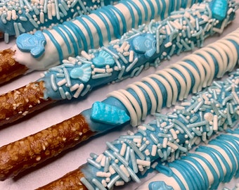 Baby Boy Chocolate Covered Pretzels, Baby Boy Shower Favor, Baby Shower Treats, Blue Pretzels, Baby Boy Chocolate Dipped, Baby Shower Favors