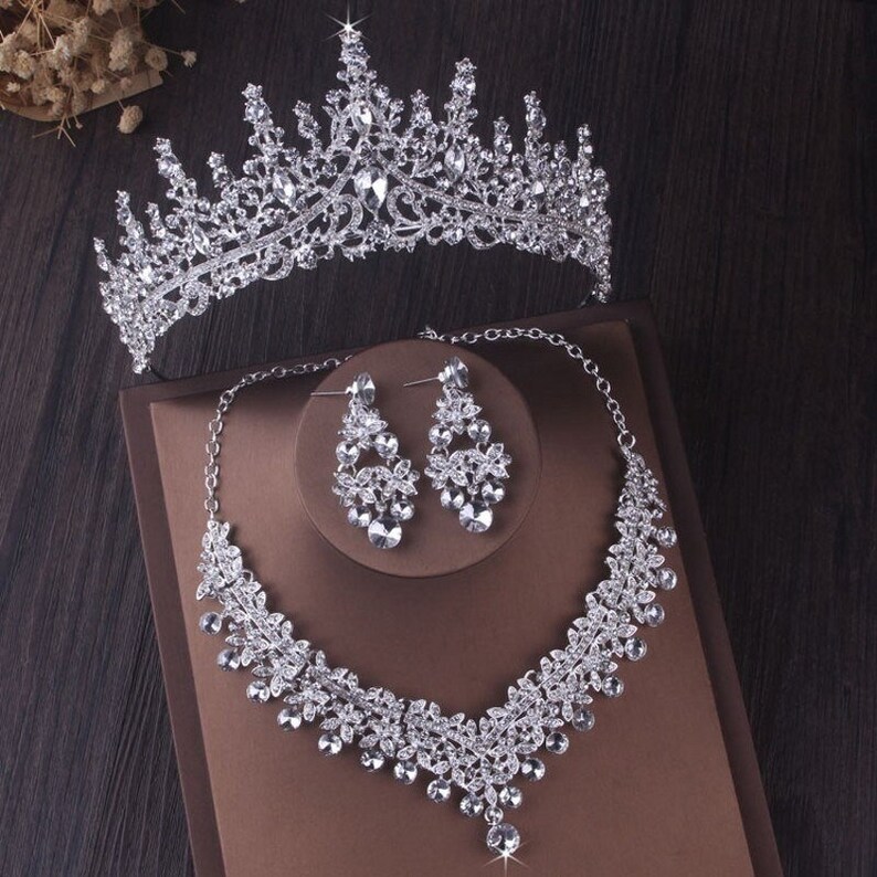 Silver Necklace Tiara Set Wedding Earring Jewelry Set Etsy
