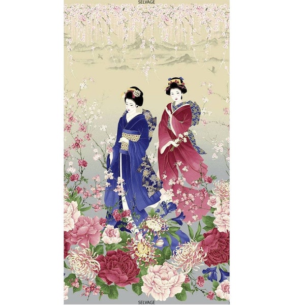 Japanese fabric Timeless Treasures Sakura Geisha Chong a Hwang Fabric PANEL TT-CM6156.Stone