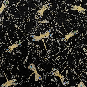 Tela de libélulas Fly by Night Mini Negro Dorado metalizado Timeless Treasures Fabric CM6097-Negro Algodón, Acolchado, Manualidades, tela