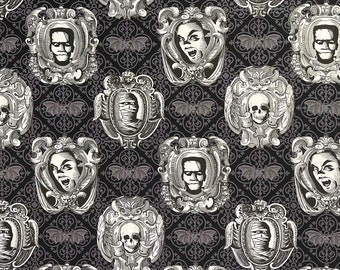 Haunted Skulls Stoff Haunted Gallery Fabric Michael Miller 6635-Grauer Baumwoll-Quilting Craft-Stoff