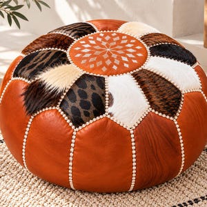 Handcrafted Cognac Leather Pouf, Real Hair-on-Hide Ottoman, Moroccan Animal Skin Footstool (Unstuffed)