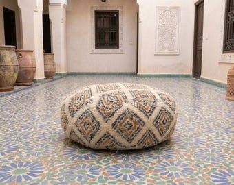 Handwoven Moroccan Wool Pouf, Cream Ochre Berber Ottoman, Atlas Mountain Footstool Cover