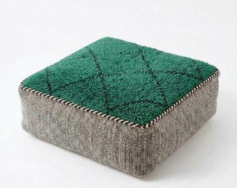 Authentic Green Berber Wool Pouf – Handcrafted in the Atlas Mountains