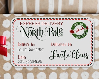 10 x North Pole Express Delivery personalised stickers for gifts, Presents from Santa, Nice List approved labels