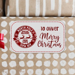 16 x North Pole Air Mail personalisierte Aufkleber für Geschenke, Geschenke vom Weihnachtsmann, Sonderlieferung vom Weihnachtsmann