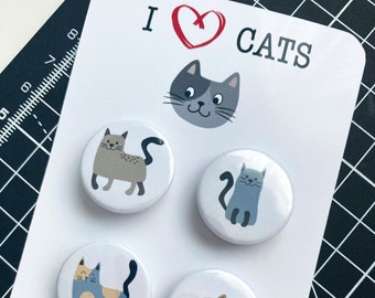 4 x Cat pin badges | Gift for cat lovers | I love cats badge | Party bag favour | Stocking filler for cat lover | Pussy cat badges | Kitty
