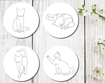 Set of 4 cat coasters | Round drinks coasters | Moving house gift | Birthday Gifts | Drinks mat | Cat Lover gift | Cat line art