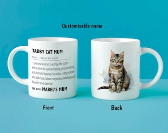 Personalised Tabby Cat Mum Mug – Custom Cat Name Gift – Funny Tabby Cat Definition – Stripy Cat Lover Present – Custom Cat Mug for Her