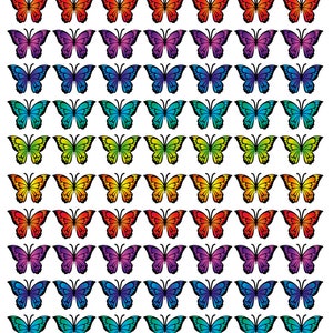 以下が含まれることがあります： 虹色の色合いの、赤、オレンジ、黄色、緑、青、紫、ピンクを含む、カラフルな蝶のステッカーのシートです。