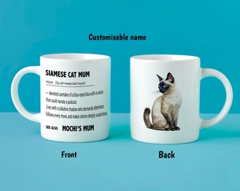 Personalised Siamese Cat Mum Mug – Custom Cat Name Gift – Funny Siamese Cat Definition – Chatty Cat Lover Present – Custom Cat Mug