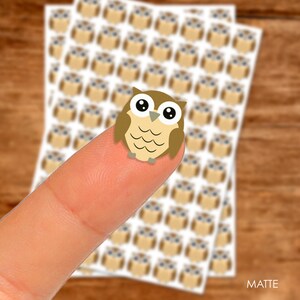 Puede incluir: Una hoja de pegatinas mate con un b&uacute;ho marr&oacute;n de ojos grandes. El b&uacute;ho est&aacute; sentado en un dedo.