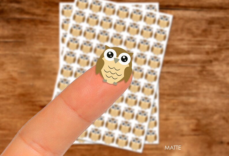 Puede incluir: Una hoja de pegatinas mate con un b&uacute;ho marr&oacute;n de ojos grandes. El b&uacute;ho est&aacute; sentado en un dedo.