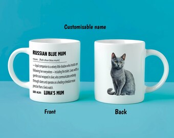 Personalised Russian Blue Cat Mum Mug – Custom Cat Name Gift – Funny Russian Blue Definition – Loyal Cat Lover Present – Custom Cat Mug