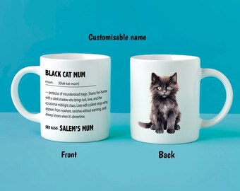 Personalised Black Cat Mum Mug – Custom Cat Name Gift – Funny Cat Definition Cup – Spooky Cat Owner Present – Custom Cat Lover Mug