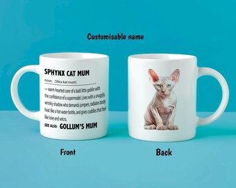 Personalised Sphynx Cat Mum Mug – Custom Cat Name Gift – Funny Hairless Cat Definition – Sphynx Cat Lover Present – Custom Cat Mug