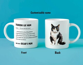 Personalised Tuxedo Cat Mum Mug – Custom Cat Name Gift – Funny Black & White Cat Definition – Formal Cat Lover Present – Custom Mug for Her