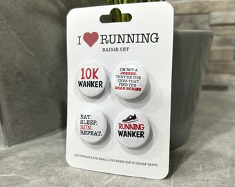 4 x badges for runners | Gift for runners | Funny / rude badges | Don't be shit | Stocking filler for runners | Running Wanker