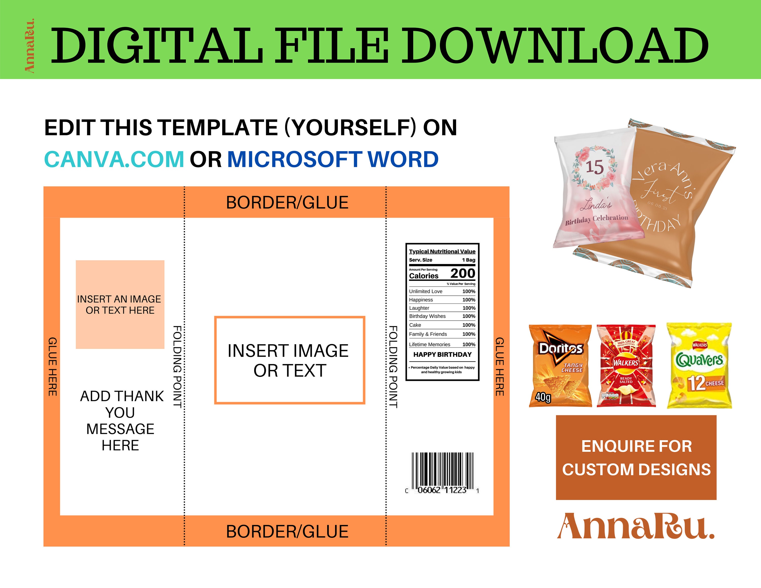 Digital File Download ONLY Custom Crisp Bag DIY Chip Bag Template Blank Template