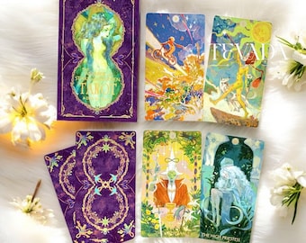 May include: A tarot deck box and five tarot cards featuring colorful, detailed illustrations. The purple box displays the text The Whisper Stars Tarot. The cards depict various figures, including a person on a bicycle, a figure with a wolf, a robed individual, and a seated person, all with intricate, vibrant artwork.