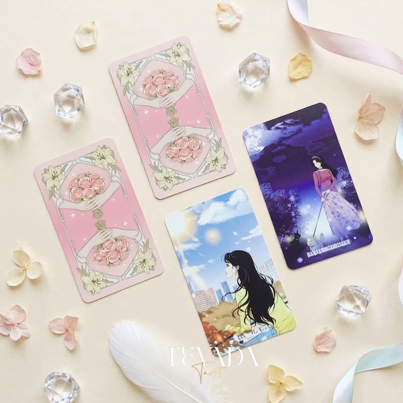 Heart City Monsoon Tarot PINK Edt vintage Manhwa style Indie Tarot Deck with pink holographic edges for love readings.