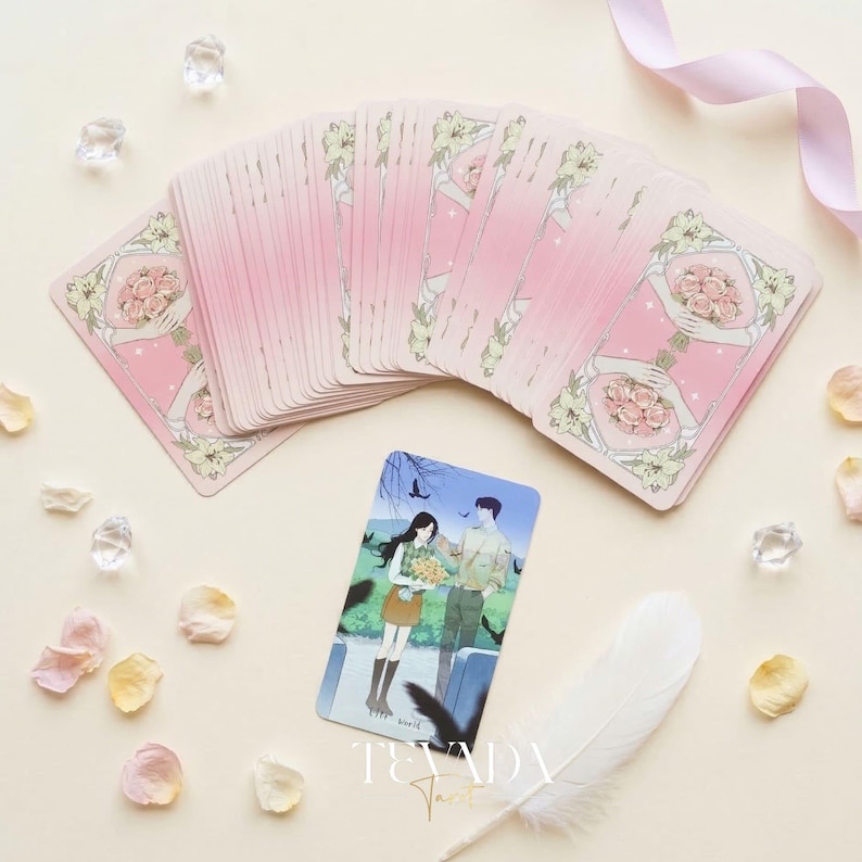 Heart City Monsoon Tarot PINK Edt vintage Manhwa style Indie Tarot Deck with pink holographic edges for love readings.