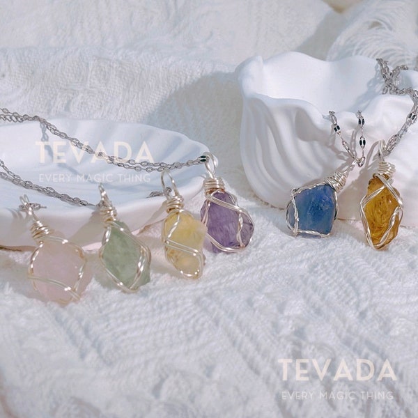 Mystic Crystal Pendant Necklace Raw Crystal Necklace Summer Jewelry Mind Healing Crystal Necklace Amethyst, Rose Quartz, Flourite